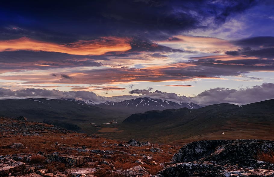 landscape photography, brown, highlands, black, mountain, blue, sky, sunset, clouds, field