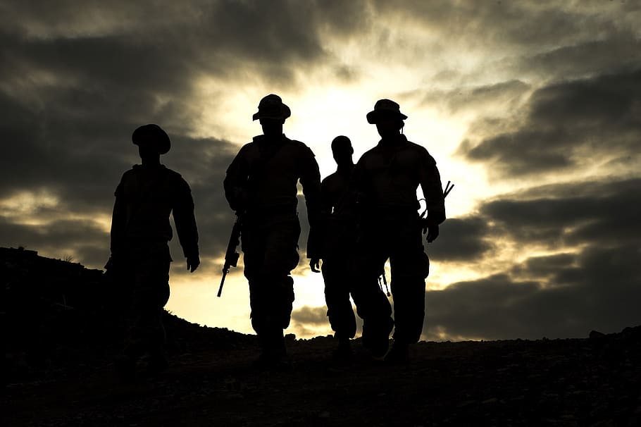 silhouette photo, four, man, walking, pathway, carrying, weapons, silhouettes, military, training