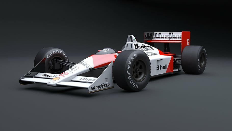 red, white, marlboro formula 1 car, black, surface, f1, formula one, ayrton senna, mclaren mp4 24, formula 1