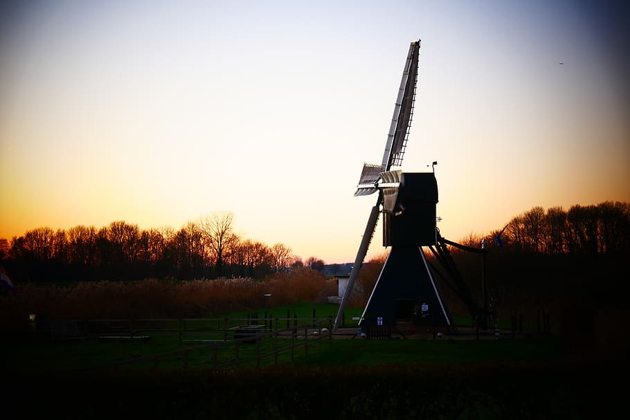 landscape, morning, evening, evening light, sunset, nature, mill, netherlands, holland, twilight