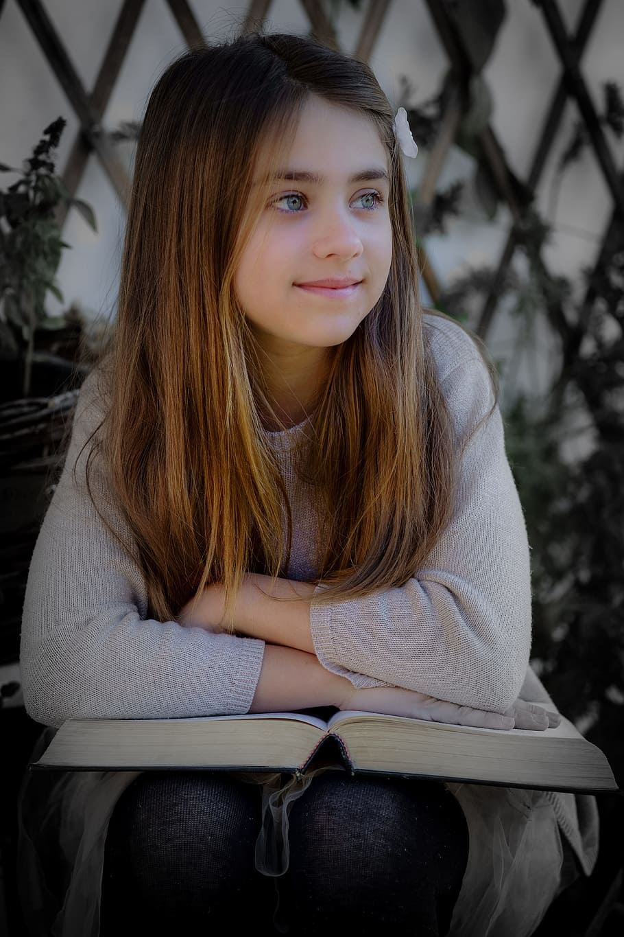 girl, wearing, sweater, leaning, book, little girl, read, study, beauty, innocence