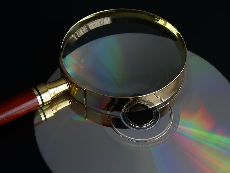 plata redonda, lupa, vidrio, gris, cd, búsqueda de datos, búsqueda, para encontrar, lente - Instrumento óptico, aumento