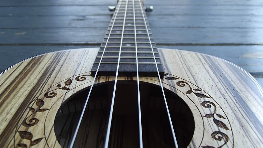 brown, bass guitar, placed, floor, Closeup, Ukulele, Music, Acoustic, instrument, hawaii