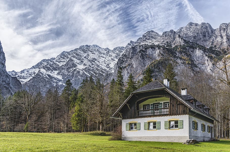 gray, brown, house, mountains, daytime, home, hut, saint bartholomä, berchtesgaden, watzmann