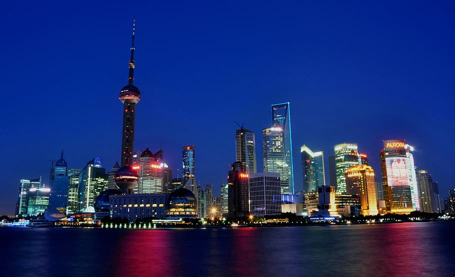 Shangai, el bund, vista nocturna, luces, urbano, moderno, rascacielos, edificio, exterior del edificio, arquitectura