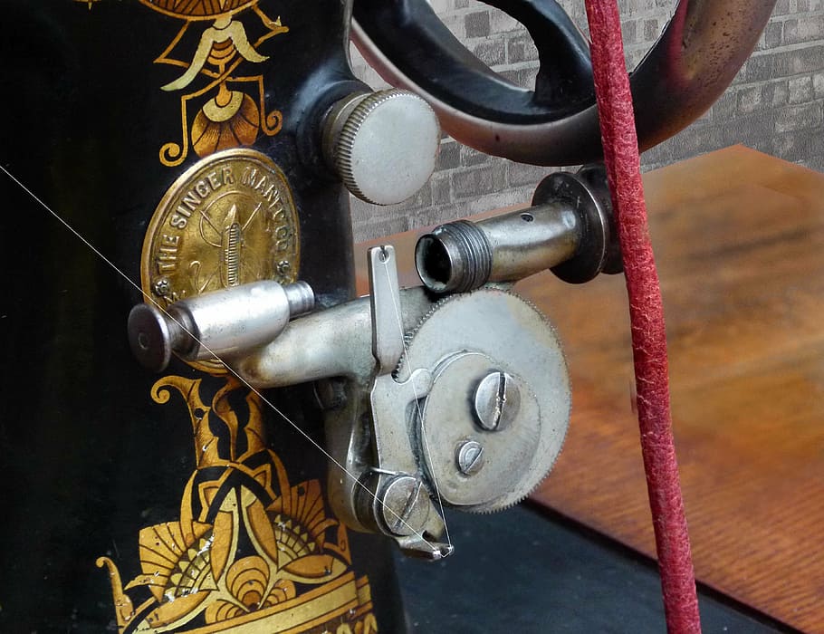 máquina de costura, enrolador de bobina antigo, 1890, cantor, lançadeira vibratória, bobina, carretel, metal, dentro de casa, máquinas