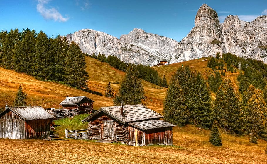photography, brown, cabin, trees, mountain, daytime, house, dolomites, mountains, italy