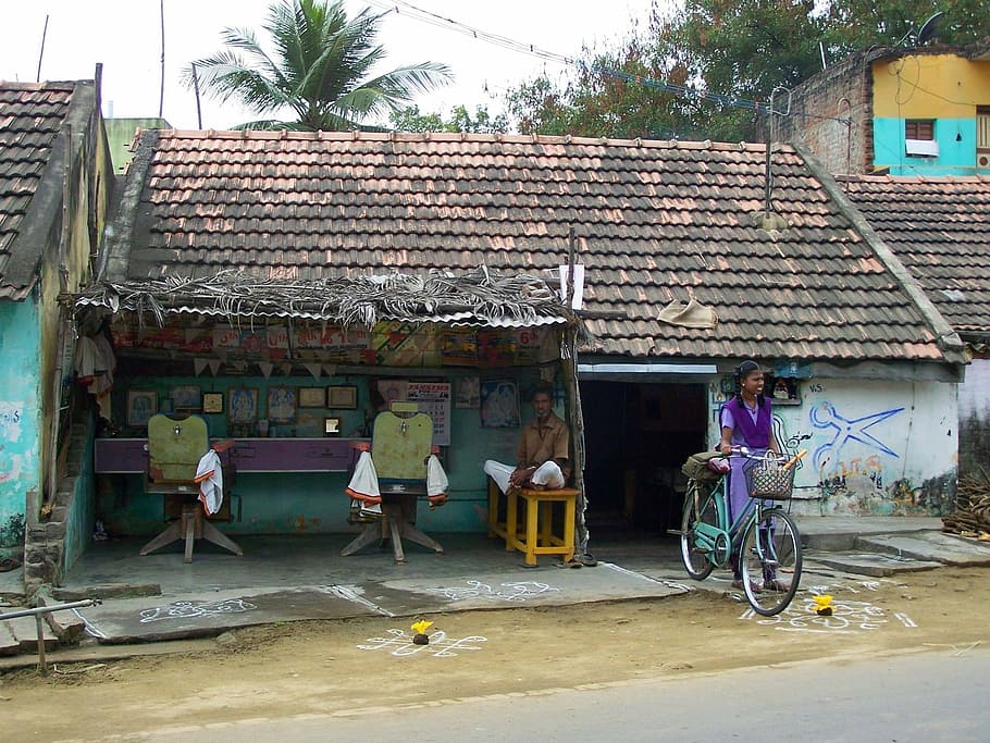 理容室, 村, インド, サイクリスト, 女子高生, 文化, アジア, 人々, 通り, 古い