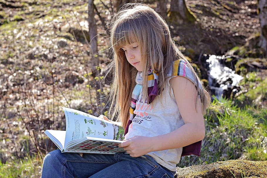 girl, sitting, reading book, daytime, human, child, blond, long hair, face, book