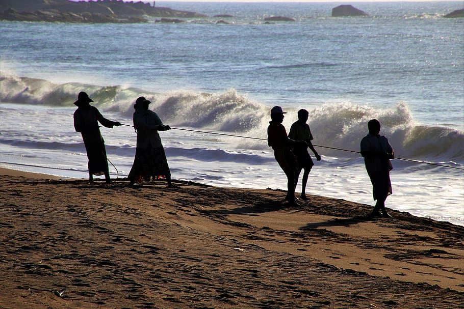 ocean, the fishermen, characters, beach, wave, group, rope, work, monolithic part of the waters, sea