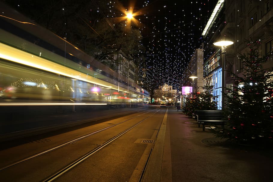 Christmas, Zurich, Lights, Tram, zurich main station, lamp, light, night, illuminated, transportation
