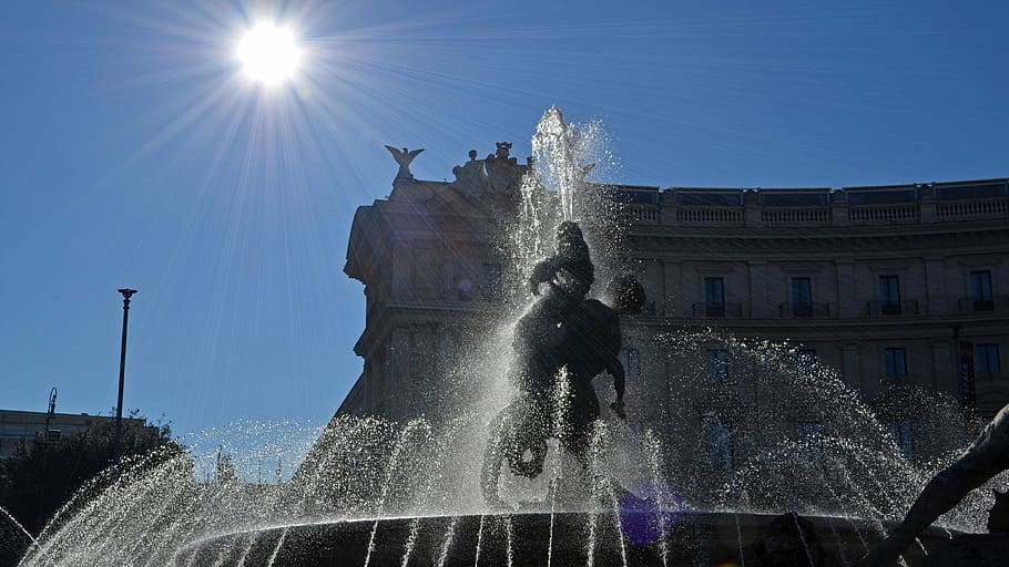Italy, Rome, Fontana, Delle, fontana delle naiadi, sunlight, lens flare, sun, fountain, building exterior