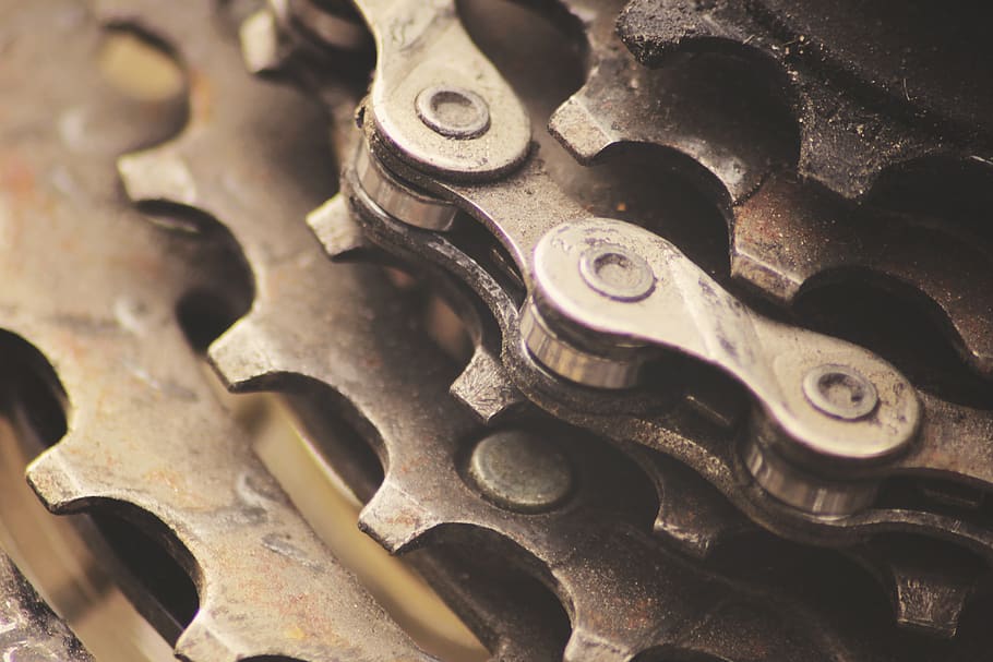 gears, chains, bike, bicycle, metal, gear, machine part, equipment, machinery, close-up