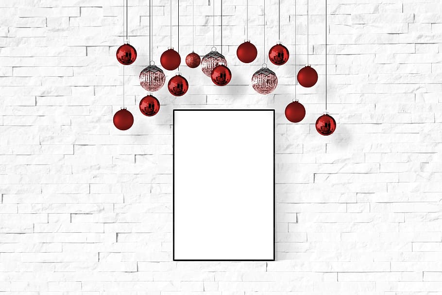 red, christmas baubles, hanging, behind, white, painted, surface, poster, wall, mockup