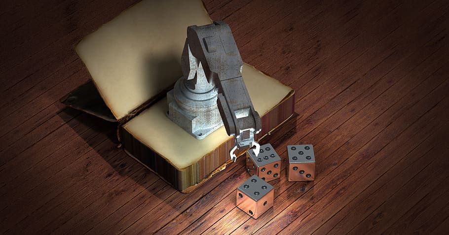 three gray dices, book, robot, cube, simulation, robot arm, animation, programming, cybernetics, model