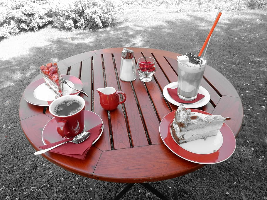 table, coffee, latte macchiato, cake, drink coffee, outside catering, cozy, table decorations, garden, color filters