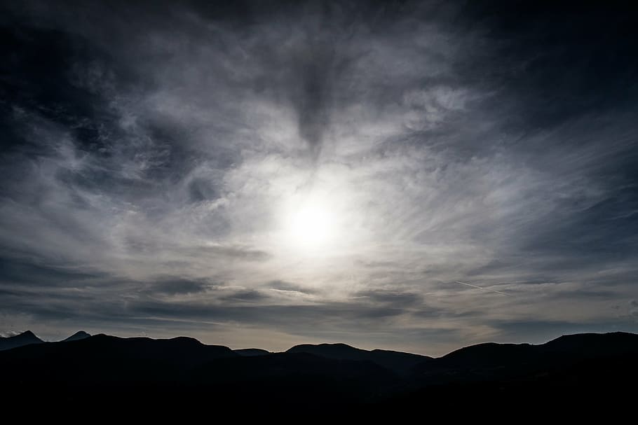 silhouette, mountain, white, clouds, cloudy, sky, highland, dark, sunset, nature