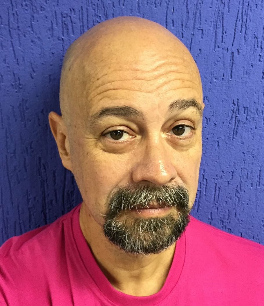man, pink, shirt, taking, selfie, bald, middle aged, goatee, beard, male