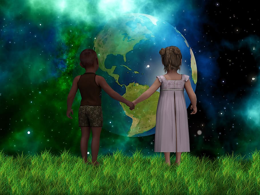 girl, boy, holding, hand background painting, children, forward, skin color, understanding, universe, space