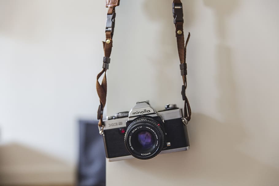 black, gray, minolta dslr camera, hanging, analog, antique, exposure, body, camera, chrome