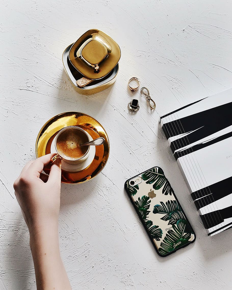 selective, focus photography, cup, coffee, phone, white, surface, fashion, accessory, book