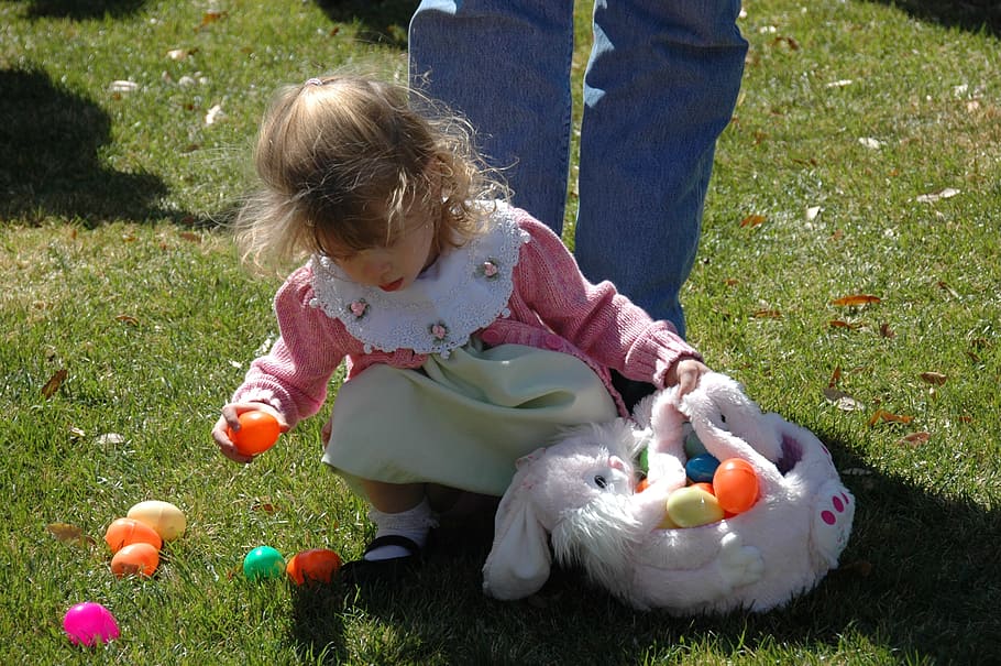 easter eggs, search, child, girl, find, young, infant, people, easter, grass
