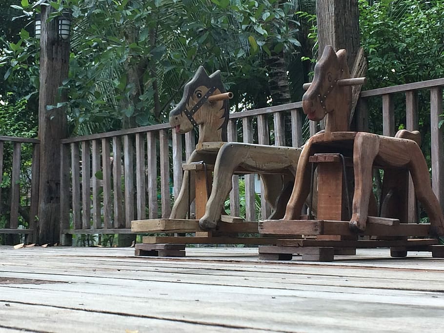 Toys, Terrace, Wooden Horse, horse, horse toys, wooden terrace, day, tree, outdoors, statue