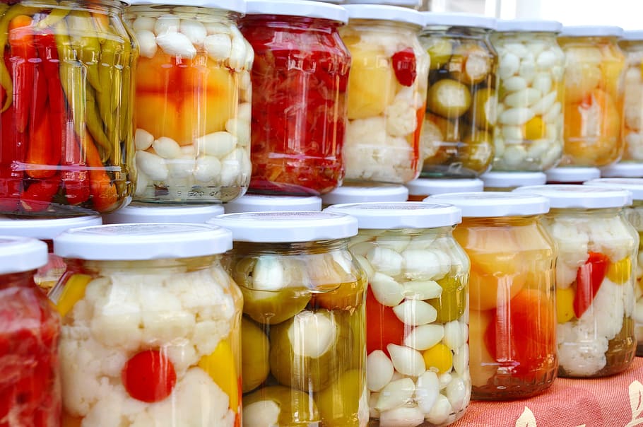 clear glass jars, pickles, mixed, food, food and drink, choice, healthy eating, jar, variation, freshness