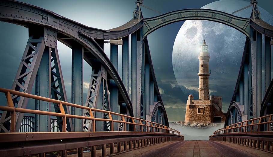 gray, brown, bridge, lighthouse, moon, planet, technology, science, sky, research