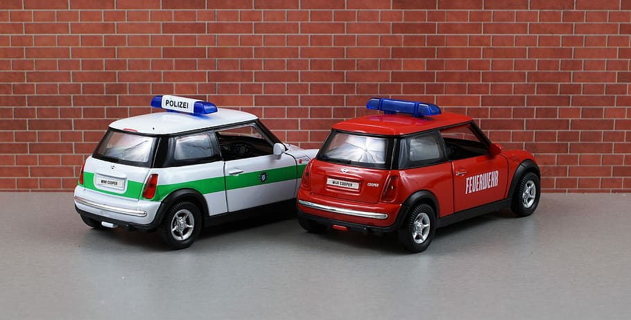 Modelo de automóvil, Mini Cooper, Vehículo, mini, auto, automóvil de juguete, vehículos, luz azul, bomberos, policía