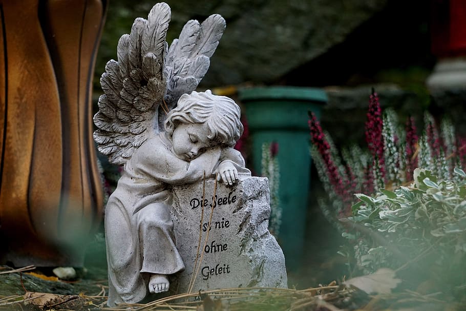 cherub figurine, red, flowers, angel, angel figure, angel wings, all souls, the tomb spell, all saints, grave of angels
