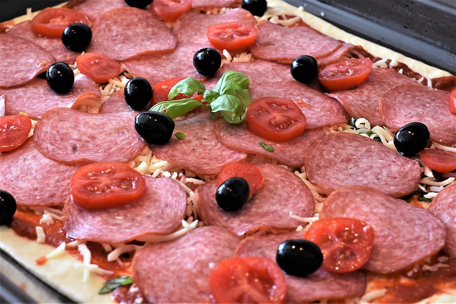 pizza, dough, salami, cheese, tomatoes, italian, nutrition, cook, mozzarella, tomato