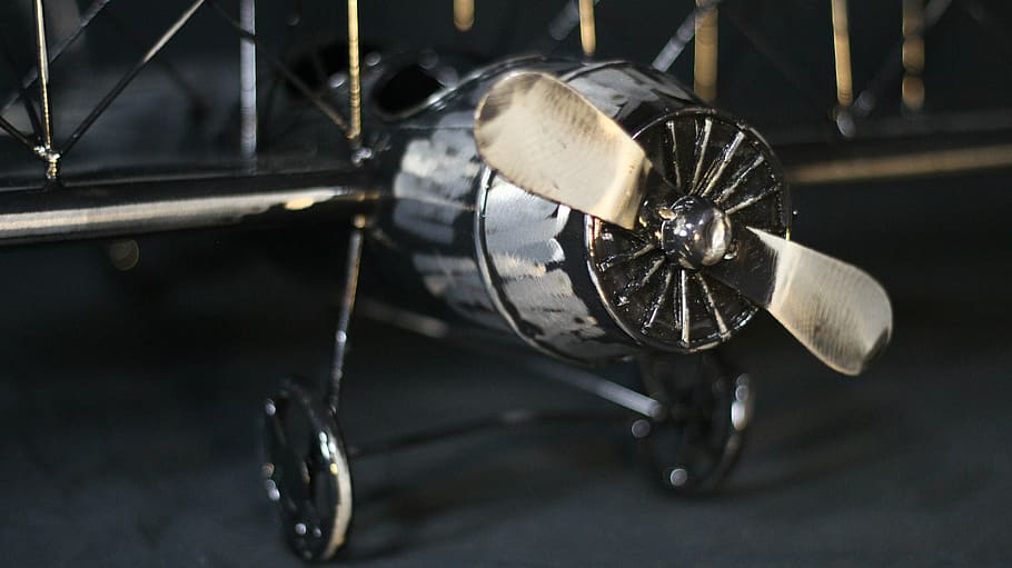 gray, propeller plane die-cast model, biplane, airplane, model, toy, retro, old, fly, transportation