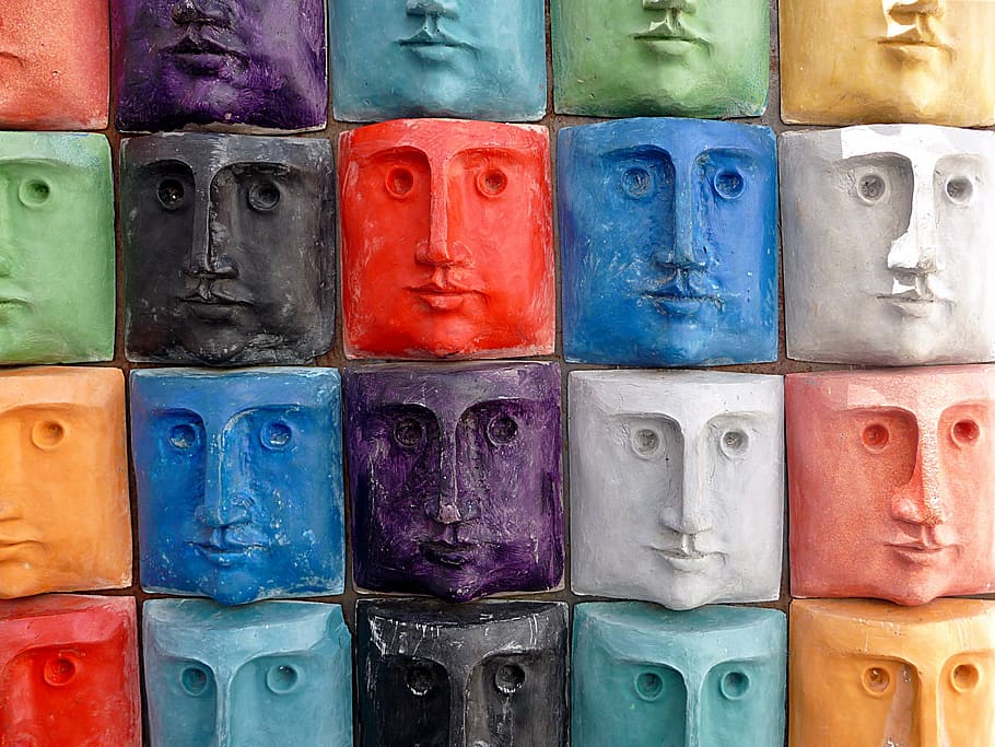 multicolored, slab, face emboss, faces, colors, masks, heads, wall, multi colored, full frame