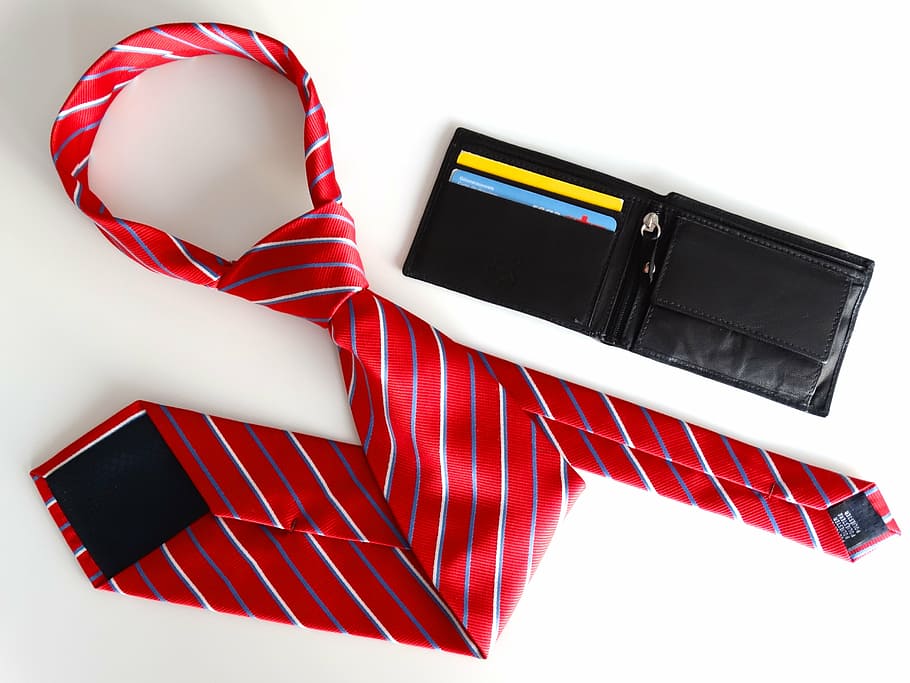 red, grey, striped, necktie, black, leather wallet, white, surface, businessman, profession