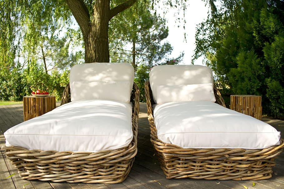 two, brown, wicker lounge chairs, Sunbeds, Pool, Holiday, Peace, Health, swim, relax