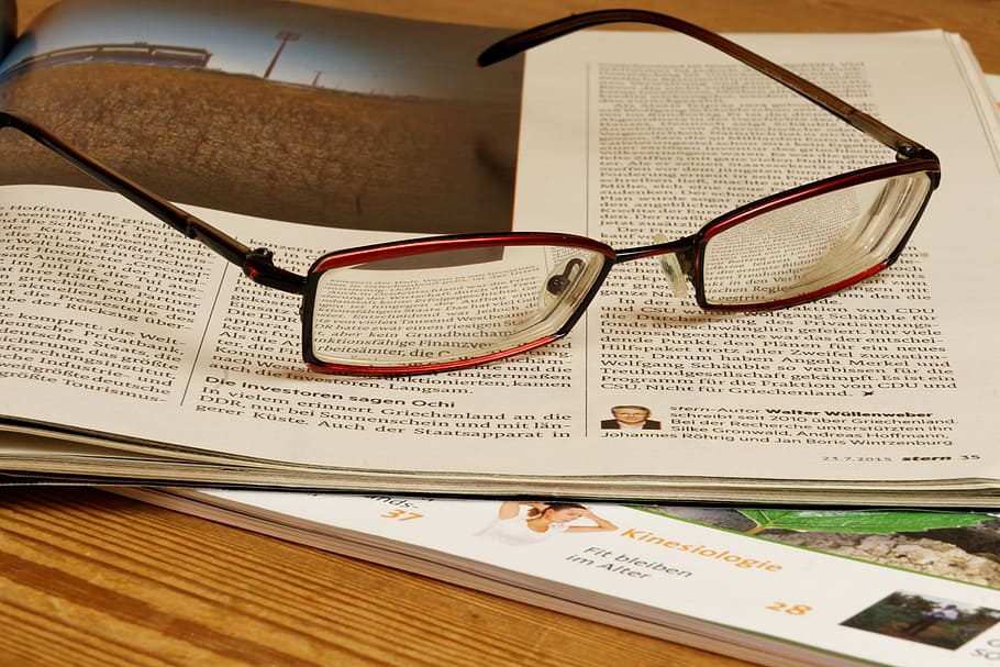 newspaper, glasses, read, education, pen, filler, wood, office, desk, text