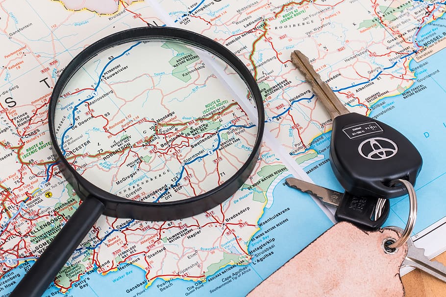 black, magnifying, glass, toyota, key, map, vacation, travel, driving, holiday