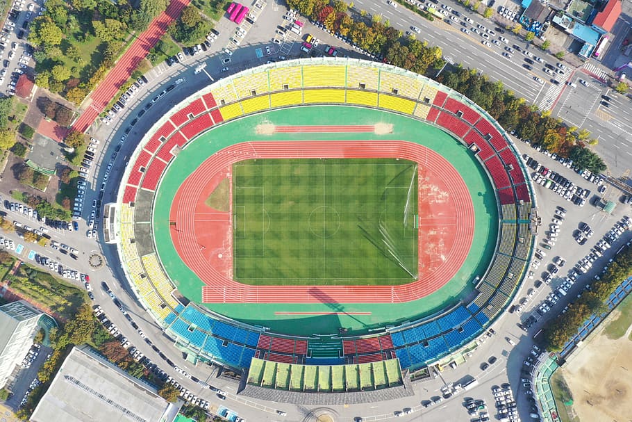 futebol, estádio, vista aérea, copa do mundo, estádio da copa do mundo, estádio da copa do mundo de jeonju, playground, jogo, verde, grama