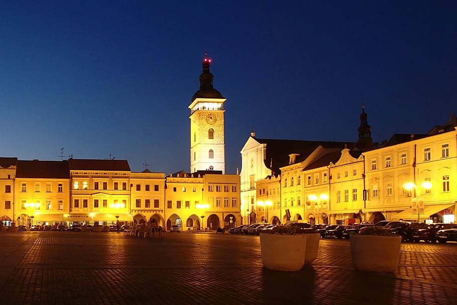 Night, Lights, City, Czech, Budejovice, night, lights, czech budejovice, black tower, old building, monument