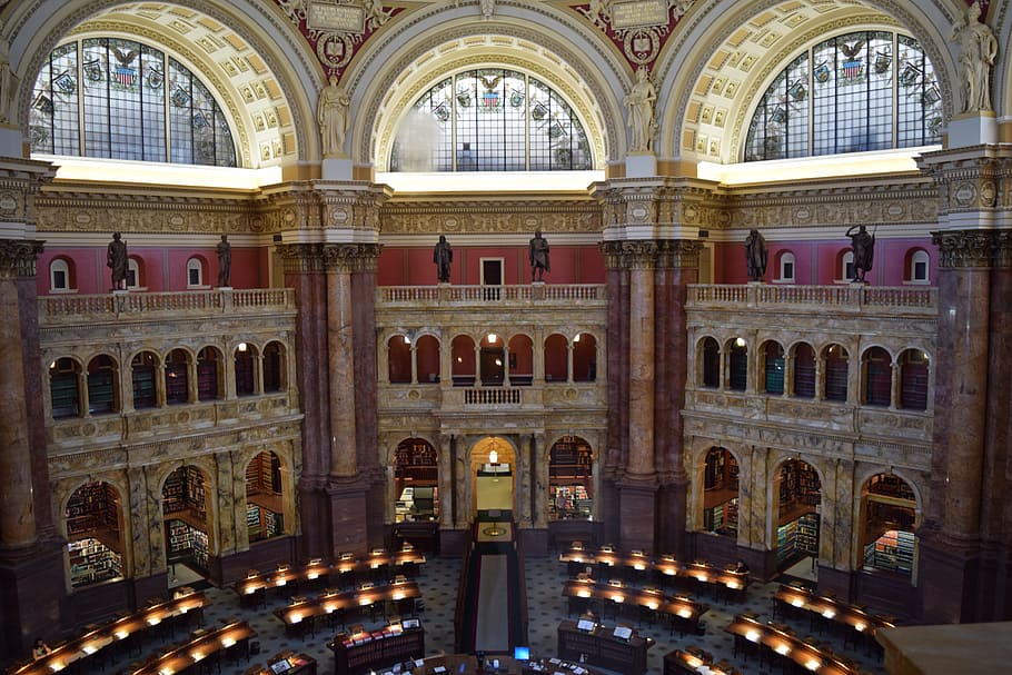 perpustakaan, kongres, Washington Dc, Perpustakaan Kongres, arsitektur, bersejarah, lengkungan, di dalam ruangan, kolom arsitektur, tujuan perjalanan