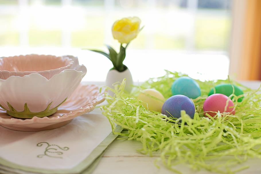 five, assorted-color eggs, table, teacup, coaster, easter eggs, colorful, pastels, easter, holiday