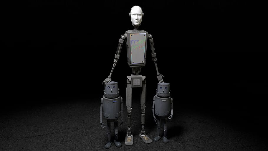 family, children's, children, robots, droids, 3d, grey, dark, human representation, representation