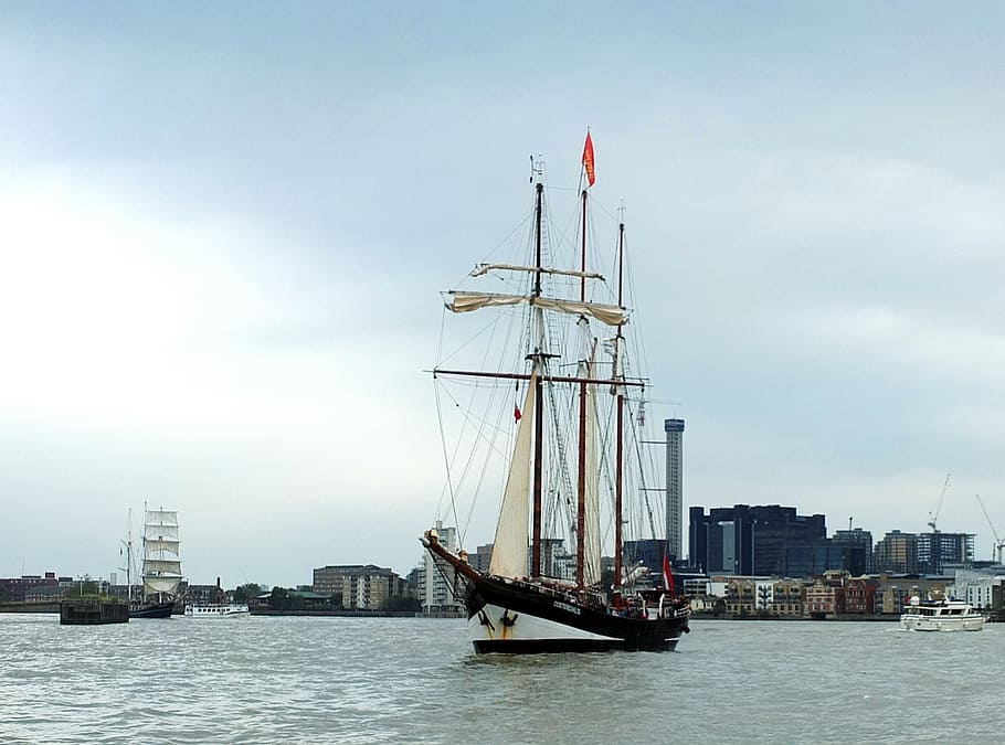 river, thames, ship, sail, masts, city, uk, tall, schooner, hull