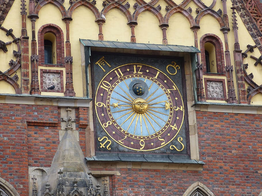 town hall, clock, clock face, wroclaw, poland, silesia, sun, facade, monument, stadtmitte