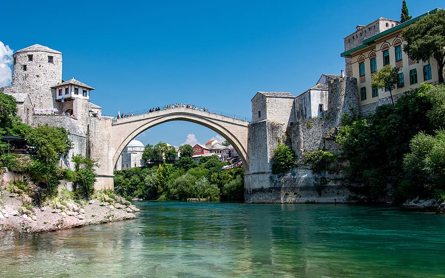 mostar, bridge, bosnia, bosnia and herzegovina, old, city, travel, historic, tourism, summer