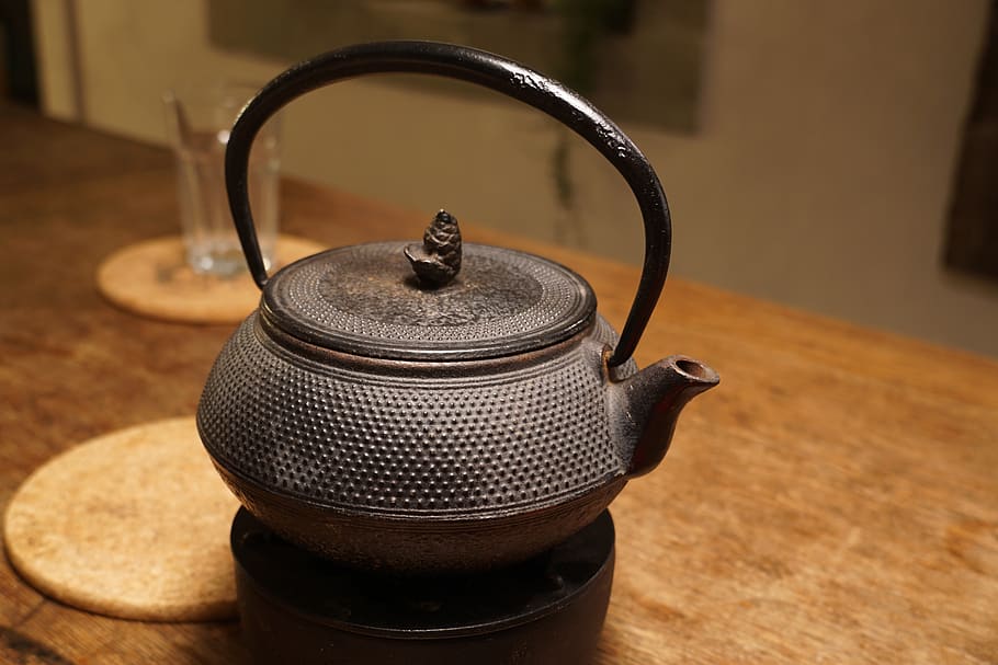 T, bule de chá, ferro fundido, chinês, cozinha, tradicional, mais quente, preto, madeira, bule