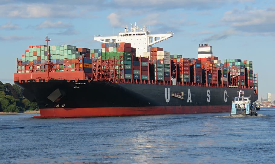 red, black, uasc cargo ship, body, water, container, ship, container ship, port, hamburg