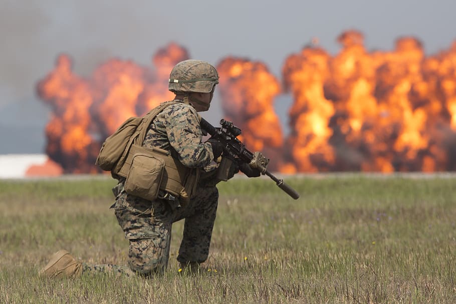 soldier, holding, rifle, kneeling, field, burning, military, fire - natural phenomenon, flame, fire