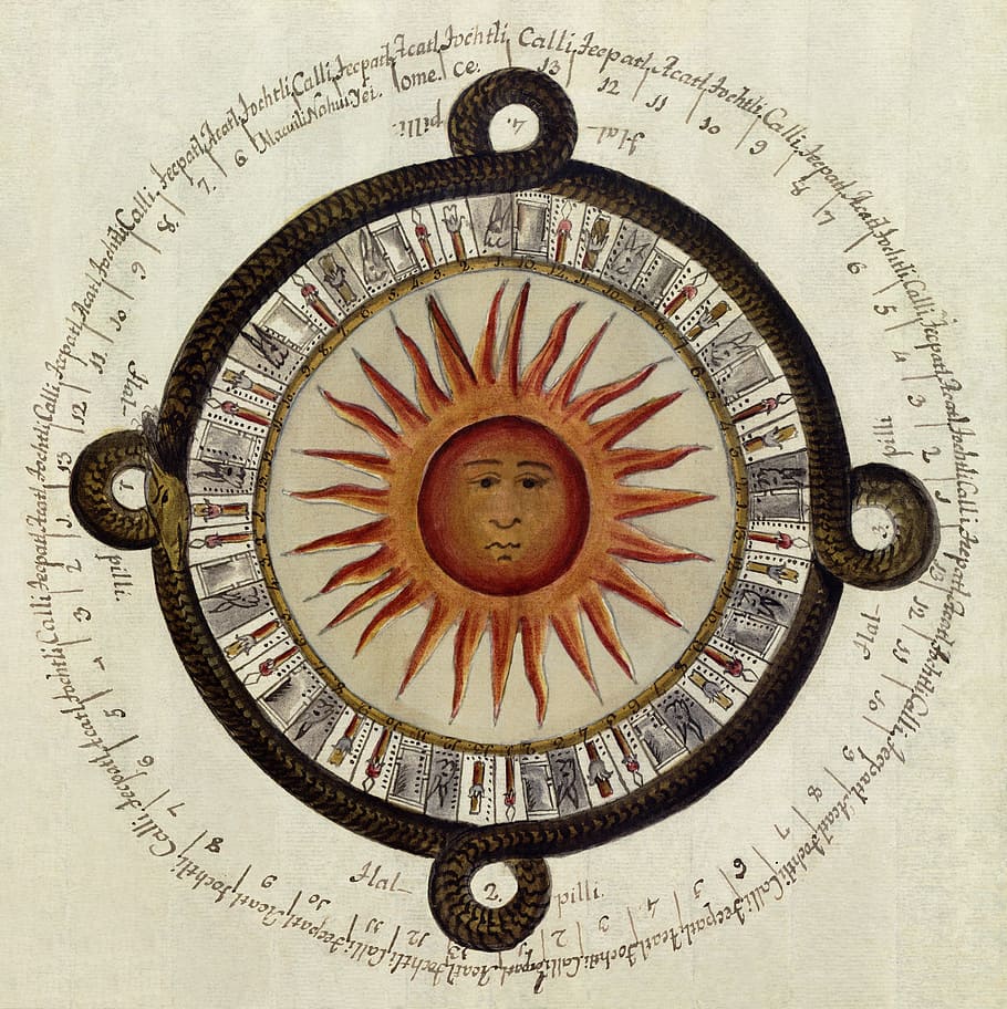 sun face illustration, white, background, aztecs, mexican calendar, sundial, sun, 1790, high culture, indoors